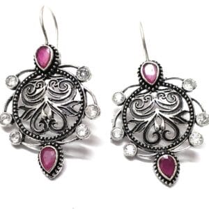 Ethnic Fusion Silver Tone Pink Hoop Earrings