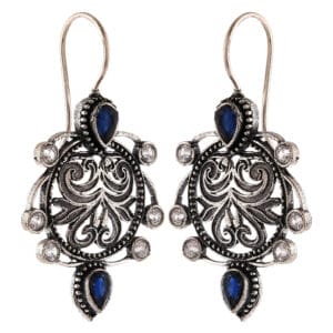Ethnic Fusion Fashion Silver oxidized Blue & White Stone Hoop Earrings