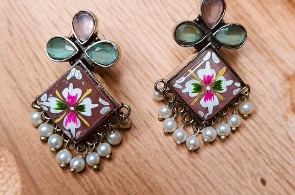 Hand painted earrings, Stone earrings, Silver plated earring, statement earrings, latest fashion earrings, drop earrings, stud tops, bead earrings lilac earrings, floral earrings